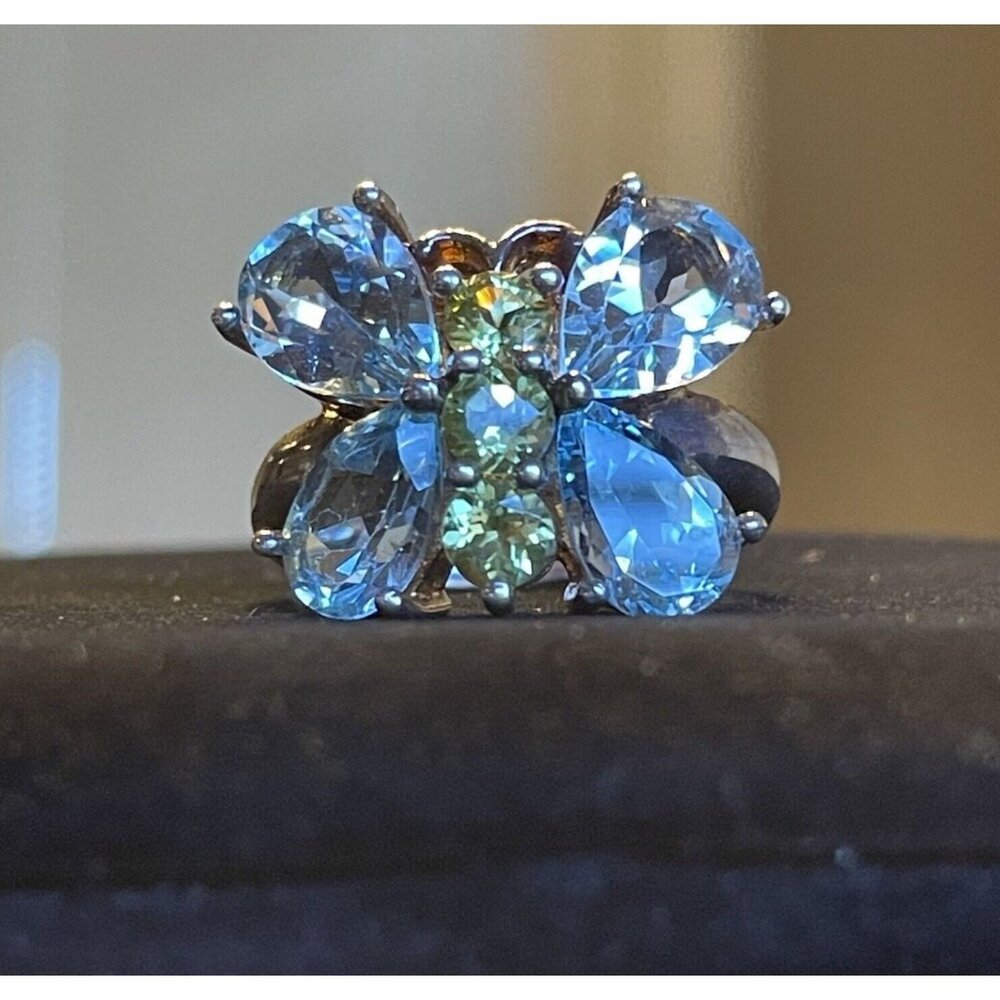 Blue Topaz Butterfly Statement Cocktail Ring Size 6.75 - 7 Green Peridot Tested